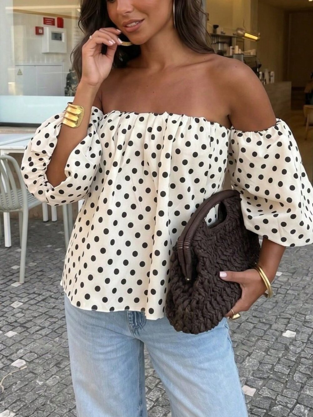 White Casual Women's Polka Dot Pleated Off-Shoulder Beach Summer Top